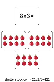 Multiplication table of 8. Maths card with an example, drawing. Multiplication Square, vector illustration. Printed products, banner, table for children, schoolchildren. School education, logical task