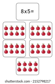 Multiplication table of 8. Maths card with an example, drawing. Multiplication Square, vector illustration. Printed products, banner, table for children, schoolchildren. School education, logical task