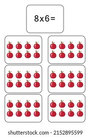 Multiplication table of 8. Maths card with an example, drawing. Multiplication Square, vector illustration. Printed products, banner, table for children, schoolchildren. School education, logical task