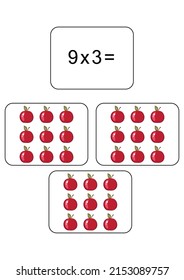 Multiplication table of 9. Maths card with an example, drawing. Multiplication Square, vector illustration. Printed products, banner, table for children, schoolchildren. School education, logical task