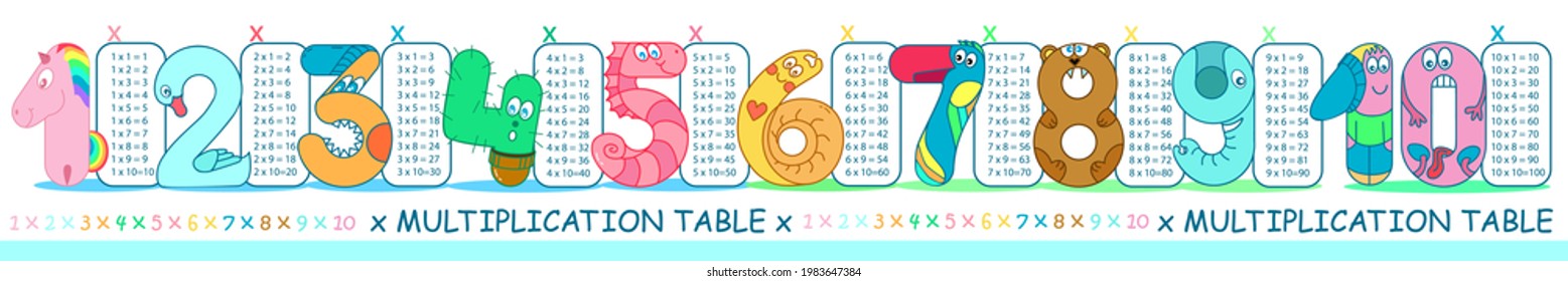 Multiplication table. Bookmark. Funny numbers for kids from one to ten with multiply. 1, 2, 3, 4, 5, 6, 7, 8, 9, 10 numeral are unicorn, swan, cactus, seahorse, snail, parrot, bear, elephant, kids.