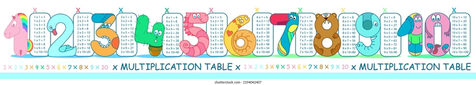 Multiplication table. Bookmark. Funny numbers for kids from one to ten with multiply.  1, 2, 3, 4, 5, 6, 7, 8, 9, 10 numeral are unicorn, swan, cactus, seahorse, snail, parrot, bear, elephant, kids