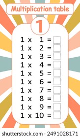 Multiplication table by 1 with a task to consolidate the knowledge of multiplication. Vector illustration