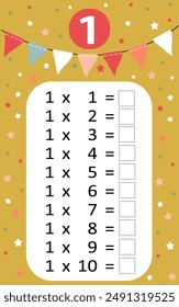 Multiplication table by 1 with a task to consolidate the knowledge of multiplication. Vector illustration
