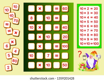 Multiplication table by 10 for kids. Find places for falling numbers and write them. Educational page for math book. Logic puzzle game. Printable worksheet for children textbook. Back to school.