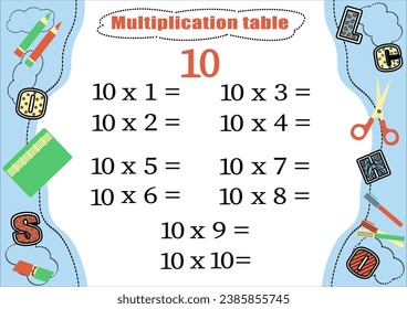 Multiplication table by 10 with a task to consolidate knowledge of multiplication. Colorful cartoon multiplication table vector for teaching math. School stationery. EPS10