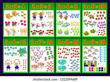 Multiplication table by 2 for kids. Educational page for math book. Printable worksheet for children textbook or poster. Back to school. Vector cartoon image.