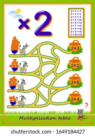 Multiplication table by 2 for kids. Count the quantity of apples, find the way and draw lines till baskets. Educational page. Logic puzzle game. Printable worksheet for children math textbook.