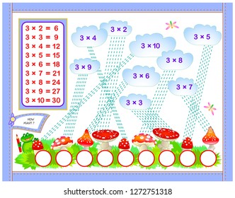 Multiplication table by 3 for kids. Write the numbers in correct circles. Educational page for mathematics baby book. Back to school. Vector cartoon image.