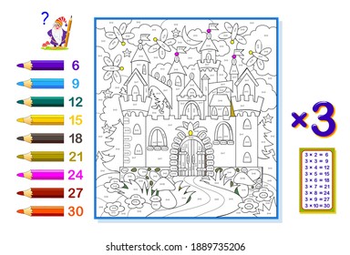 Multiplication table by 3 for kids. Math education. Coloring book. Solve examples and paint the picture. Logic puzzle game. Printable worksheet for children school textbook. Play online.