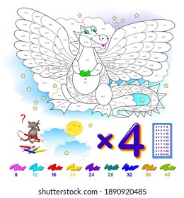 Multiplication table by 4 for kids. Math education. Coloring book. Solve examples and paint the dragon. Logic puzzle game. Printable worksheet for children school textbook. Play online.