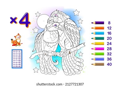 Tabla de multiplicación por 4 para niños. Educación matemática. Libro de colorear. Resuelva los ejemplos y pinte los pájaros. Juego de rompecabezas lógico. Hoja de trabajo para libros de texto escolares para niños. Juega en línea. Formación en memoria.