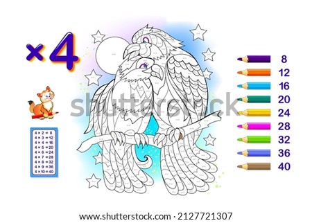 Multiplication table by 4 for kids. Math education. Coloring book. Solve examples and paint the lovebirds. Logic puzzle game. Worksheet for children school textbook. Play online. Memory training.