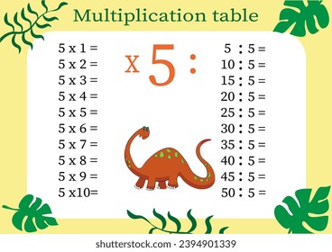 Multiplication table by 4 with a task to consolidate your knowledge of multiplication. Colorful cartoon multiplication table vector for teaching math. Cartoon dinosaurs. EPS10