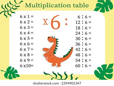 Multiplication table by 4 with a task to consolidate your knowledge of multiplication. Colorful cartoon multiplication table vector for teaching math. Cartoon dinosaurs. EPS10