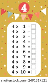 Multiplication table by 4 with a task to consolidate the knowledge of multiplication. Vector illustration