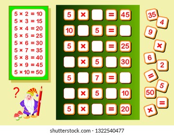 Multiplication table by 5 for kids. Find places for falling numbers and write them. Educational page for math book. Logic puzzle game. Printable worksheet for children textbook. Back to school.