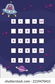 Multiplication table by 5 for kids. Find places for falling numbers and write them. Educational page for math book.