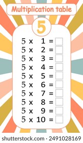 Multiplication table by 5 with a task to consolidate the knowledge of multiplication. Vector illustration