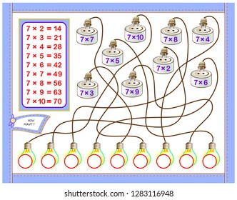 Multiplication table by 7 for kids. Write the numbers in correct circles. Educational page for mathematics baby book. Printable worksheet for children textbook. Back to school. Vector cartoon image.