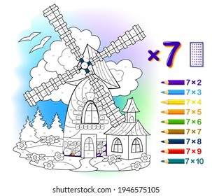 Tabla de multiplicación por 7 para niños. Educación matemática. Libro de colorear. Resuelva los ejemplos y pinte el molino. Juego de rompecabezas lógico. Hoja de trabajo impresa para libros de texto escolares para niños. Juega en línea. Formación de memoria