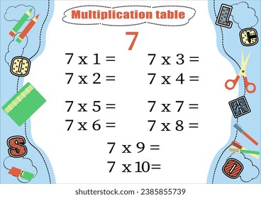 Multiplication table by 7 with a task to consolidate knowledge of multiplication. Colorful cartoon multiplication table vector for teaching math. School stationery. EPS10