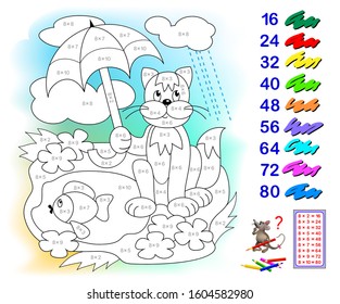 Multiplication table by 8 for kids. Math education. Coloring book. Paint the illustration corresponding to numbers. Logic puzzle game. Printable worksheet for children textbook. Back to school.