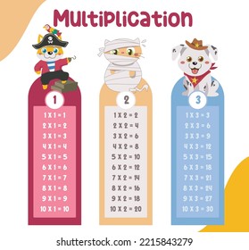 Multiplication table charts with cute animal with Halloween costume design. Math time table illustration for toddlers. Vector illustration file.