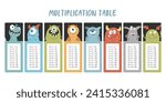 Multiplication table with cute monsters, Cartoon monster bookmarks collection. Vector illustration