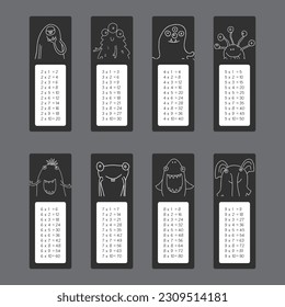 Multiplication table with cute monsters, Cartoon monster bookmarks collection. Vector illustration
