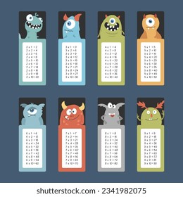 Multiplication table with cute monsters, Cartoon monster bookmarks collection. Vector illustration