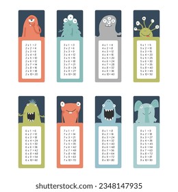 Multiplication table with cute monsters, Cartoon monster bookmarks collection. Vector illustration