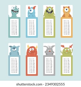 Multiplication table with cute monsters, Cartoon monster bookmarks collection. Vector illustration