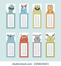 Multiplikationstabelle mit süßen Monstern, Cartoon Monster Bookmarks Sammlung. Vektorgrafik