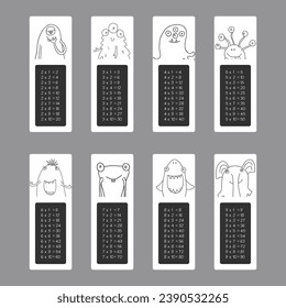 Multiplication table with cute monsters, Cartoon monster bookmarks collection. Vector illustration