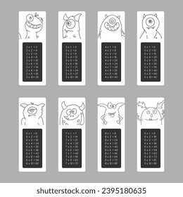 Multiplication table with cute monsters, Cartoon monster bookmarks collection. Vector illustration