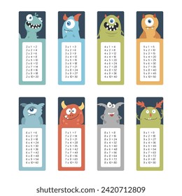 Multiplication table with cute monsters, Cartoon monster bookmarks collection. Vector illustration