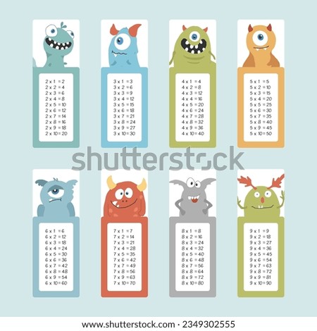 Multiplication table with cute monsters, Cartoon monster bookmarks collection. Vector illustration