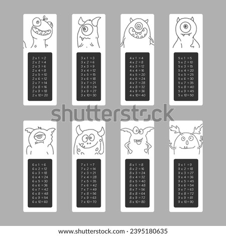 Multiplication table with cute monsters, Cartoon monster bookmarks collection. Vector illustration