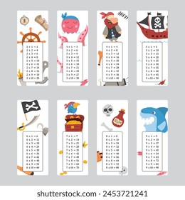 Multiplication table with cute Pirates items, Cartoon Pirate elements bookmarks collection. Vector illustration.