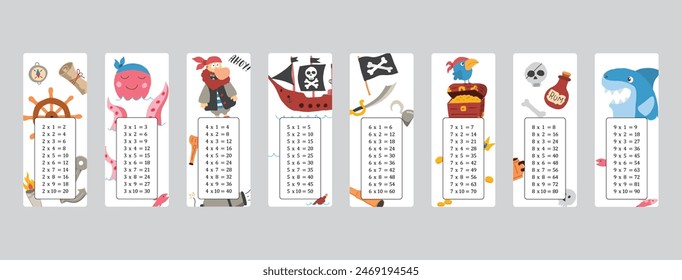 Multiplication table with cute Pirates items, Cartoon Pirate elements bookmarks collection. Vector illustration.