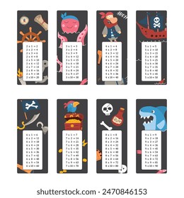 Multiplication table with cute Pirates items, Cartoon Pirate elements bookmarks collection. Vector illustration.