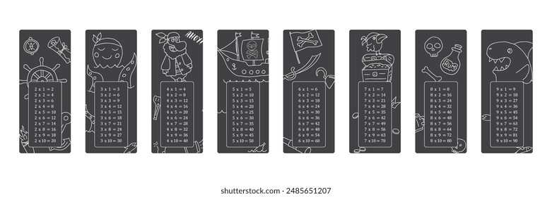 Multiplication table with cute Pirates items, Cartoon Pirate elements bookmarks collection. Vector illustration.