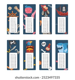 Multiplication table with cute Pirates items, Cartoon Pirate elements bookmarks collection. Vector illustration.