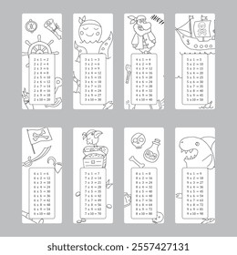 Multiplication table with cute Pirates items, Cartoon Pirate elements bookmarks collection. Vector illustration.