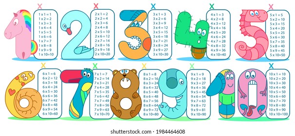Multiplication table. Funny numbers for kids from one to ten with multiply. Numeral are unicorn, swan, cactus, seahorse, snail, parrot, bear, elephant, kids. Hand drawn sketch vector illustration