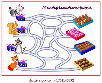 Multiplication table with labyrinth for kids. Count the quantity of candies and draw the ways till boxes with sweets. Education for school. Logic puzzle game. Worksheet for children math textbook.