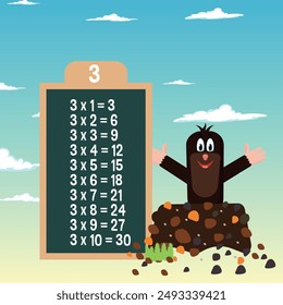 Multiplication table for number 3 with a mole. Colorful cartoon mole.