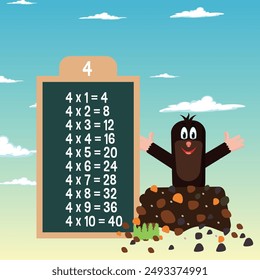 Multiplication table for number 4 with a mole. Colorful cartoon mole.