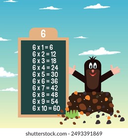 Multiplication table for number 6 with a mole. Colorful cartoon mole.